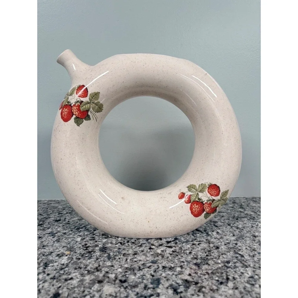 Vintage Strawberry Ceramic Donut Vase Speckled Cream Circular Bud Vase 8.5
